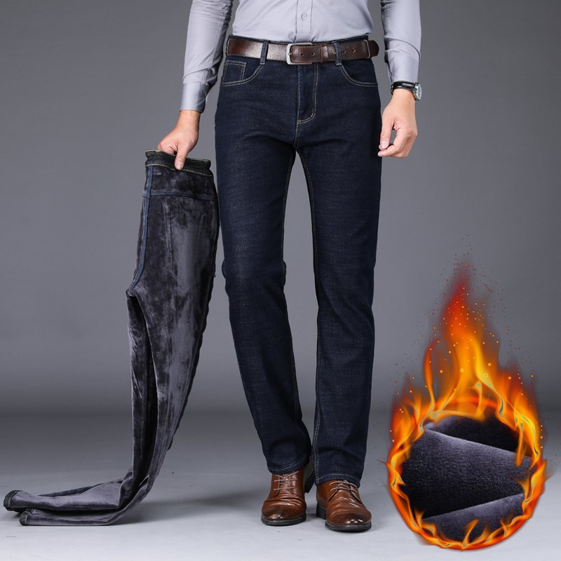 2022 Winter New Men's Warm Slim Fit Jeans Business Fashion Thicken Denim Trousers Fleece Stretch Brand Pants Black Blue 3 2022 Winter New Men's Warm Slim Fit Jeans Business Fashion Thicken Denim Trousers Fleece Stretch Brand Pants Black Blue 3