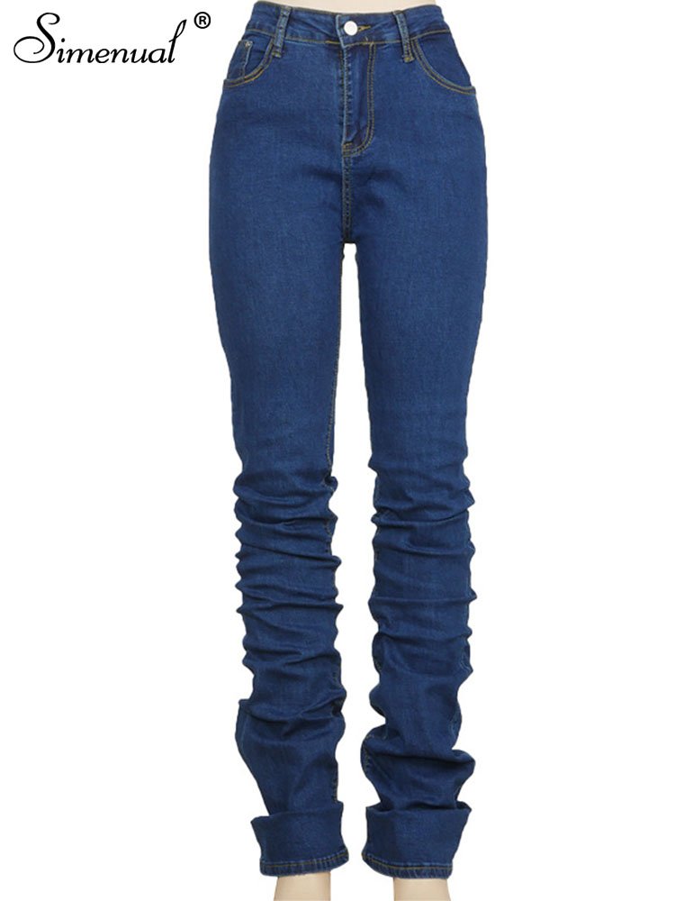 Simenual Ruched Denim Blue High Wait Stacked Pants Autumn 2021 Women Clothing Streetwear Jeans Fashion Skinny Pockets Trousers 6 Simenual Ruched Denim Blue High Wait Stacked Pants Autumn 2021 Women Clothing Streetwear Jeans Fashion Skinny Pockets Trousers 6